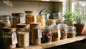 Primo piano di barattoli in vetro con chiusura ermetica, illuminati da luce naturale su uno sfondo caldo.