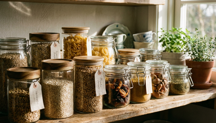 Primo piano di barattoli in vetro con chiusura ermetica, illuminati da luce naturale su uno sfondo caldo.