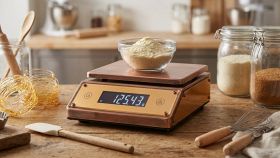 Bilancia da pasticceria ad alta precisione digitale color rame che pesa una ciotola di farina, su un tavolo di legno con fruste e barattoli di vetro.