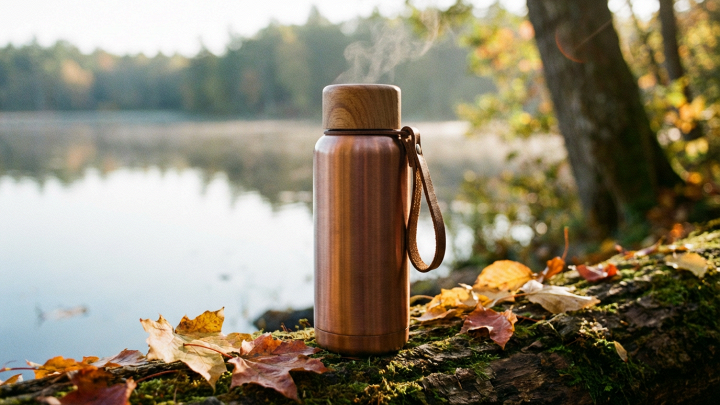 Primo piano di una bottiglia termica, colori caldi, illuminazione naturale. Immagine pacifica e rilassante.