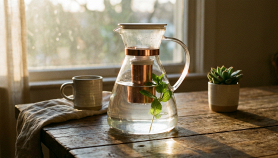 Primo piano di una caraffa filtrante dal design moderno, con luce naturale che crea un'atmosfera tranquilla e calda.