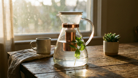 Primo piano di una caraffa filtrante dal design moderno, con luce naturale che crea un'atmosfera tranquilla e calda.