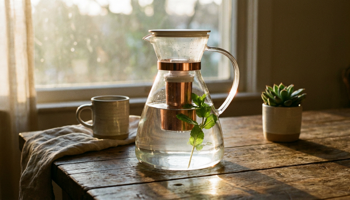 Primo piano di una caraffa filtrante dal design moderno, con luce naturale che crea un'atmosfera tranquilla e calda.