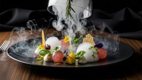 Cibo gourmet con fumo, impiattato in modo elegante