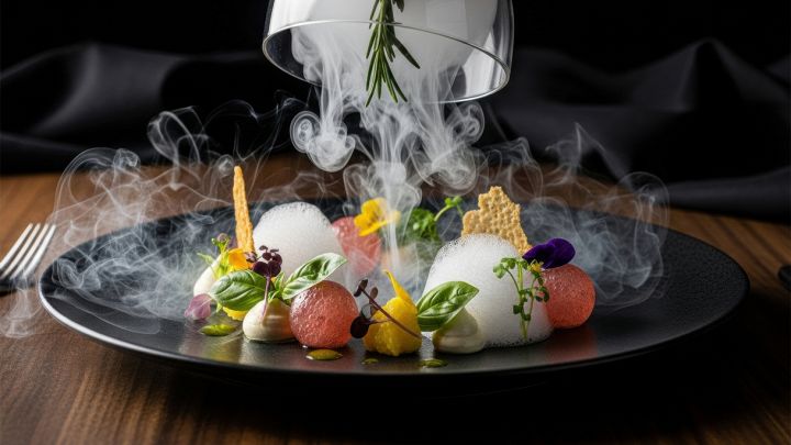 Cibo gourmet con fumo, impiattato in modo elegante