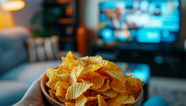 Ciotola di patatine con tv accesa sullo sfondo