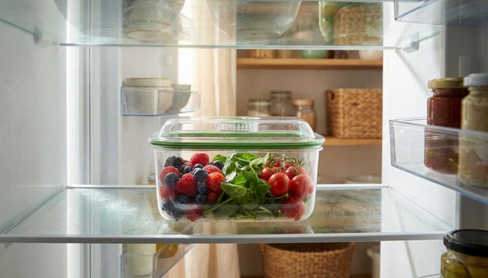 Primo piano di un contenitore trasparente per frigorifero con all'interno frutta e verdura, illuminato da luce naturale.