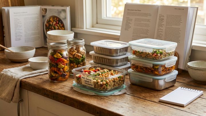 Primo piano di contenitori per meal prep puliti e vuoti su un piano di lavoro, pronti per organizzare i pasti settimanali.
