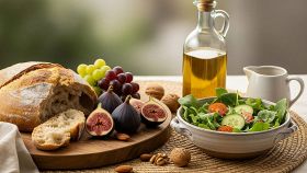 Frutta fresca, pane, insalata, noci, mandorle e olio d'oliva