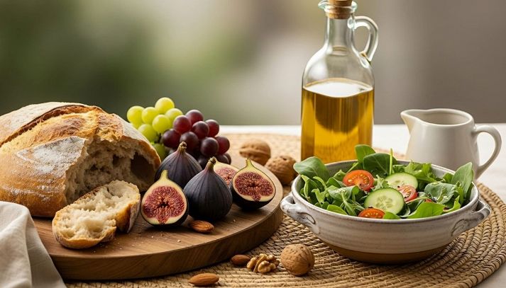 Frutta fresca, pane, insalata, noci, mandorle e olio d'oliva