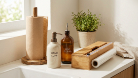 Dispenser da cucina compatti con sapone, carta e pellicola, su un piano di lavoro pulito e ordinato. Illuminazione naturale.