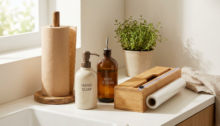 Dispenser da cucina compatti con sapone, carta e pellicola, su un piano di lavoro pulito e ordinato. Illuminazione naturale.