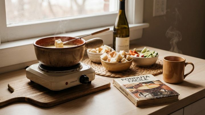 Close-up di una pentola di fonduta calda e fumante con pane, in un ambiente domestico accogliente con luce naturale.