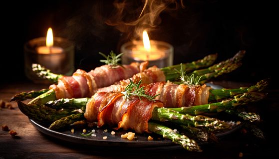 Gustosi involtini di asparagi con candele accese sullo sfondo