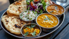 Gustoso piatto della cucina indiana con pane naan, curry e riso