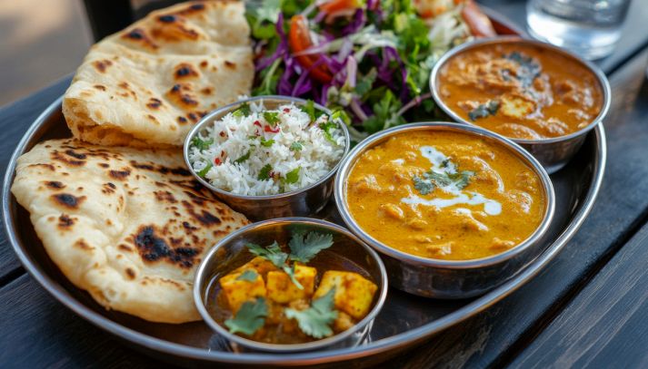 Gustoso piatto della cucina indiana con pane naan, curry e riso