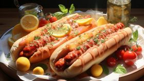 Hot dog in piatto con condimenti