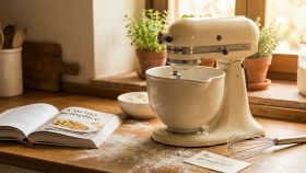 Impastatrice planetaria color crema su un tavolo di legno infarinato, accanto a un libro di ricette aperto intitolato 'Cucina Semplice' e una frusta." Titolo: "Impastatrice planetaria facile da usare per principianti