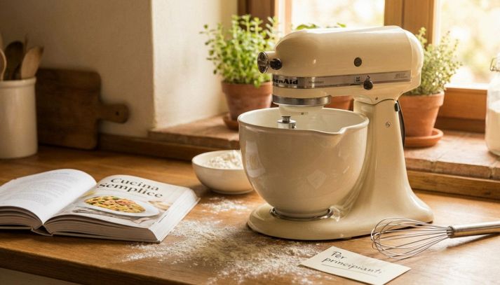 Impastatrice planetaria color crema su un tavolo di legno infarinato, accanto a un libro di ricette aperto intitolato 'Cucina Semplice' e una frusta." Titolo: "Impastatrice planetaria facile da usare per principianti