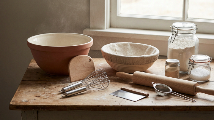 Primo piano di utensili da cucina essenziali per preparare impasti per pane, pizza e dolci con luce naturale e colori caldi.