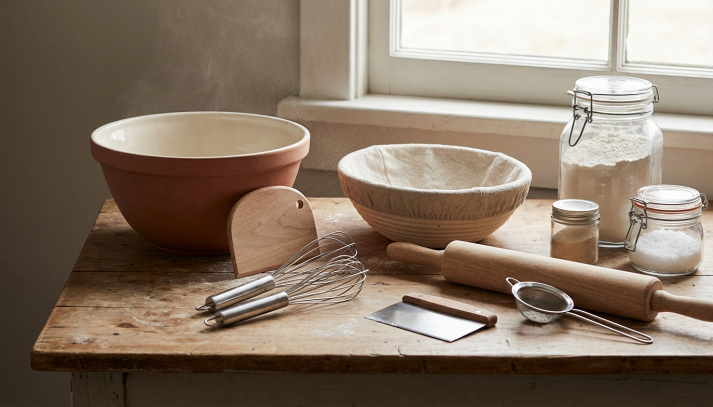 Primo piano di utensili da cucina essenziali per preparare impasti per pane, pizza e dolci con luce naturale e colori caldi.