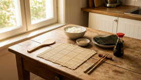 Close-up di kit sushi fai da te con stuoia di bambù, ciotole e bacchette per preparare sushi a casa, con luce naturale e colore caldo.