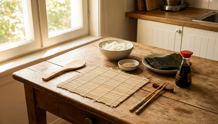 Close-up di kit sushi fai da te con stuoia di bambù, ciotole e bacchette per preparare sushi a casa, con luce naturale e colore caldo.