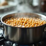 Pentola con ceci che cuociono lentamente in acqua sul fornello