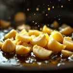 Padella con olio extravergine caldo e aglio che diventa dorato durante la rosolatura