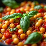 Padella con ceci scolati, pomodori a cubetti e foglie di basilico durante la cottura