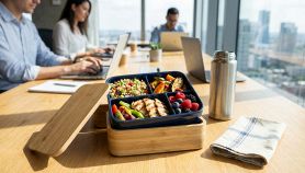 Un lunchbox moderno e funzionale per l'ufficio, con scomparti separati per pranzo e snack.