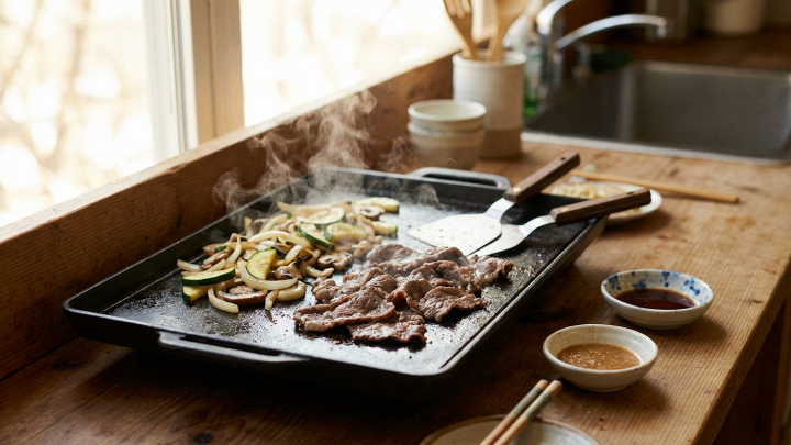 Piastra Teppanyaki rettangolare nera su tavolo di legno con carne di manzo, zucchine e cipolle in cottura fumante, spatole e ciotole per salse.