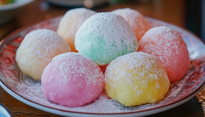 Mochi di colori diversi spolverati di zucchero a velo
