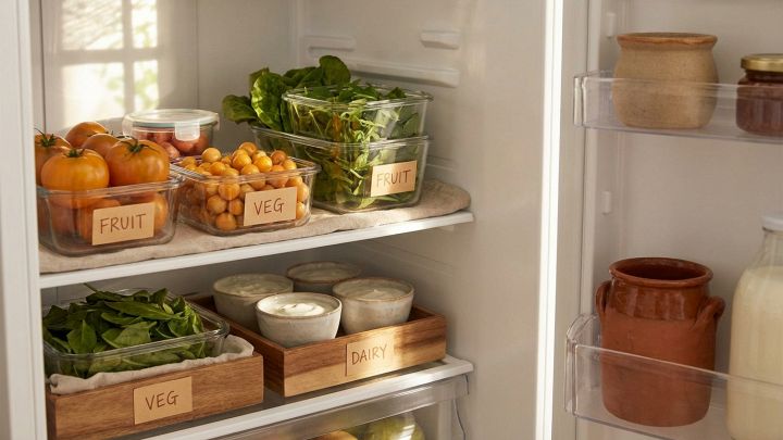 Primo piano di organizer per frigorifero con cibi freschi all'interno, illuminazione naturale e colori caldi.