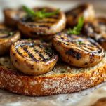 Fetta di pane con cappelle di funghi grigliati disposte sopra