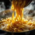 Tagliatelle che cuociono in acqua bollente.