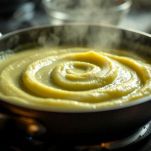 Crema di asparagi che si scalda in padella.