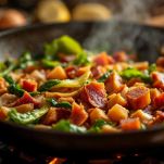 Padella con prosciutto cotto e pancetta che cuociono con olio e vino bianco