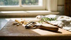 Pelapatate professionale a archetto con manico in legno su un tagliere rustico illuminato dal sole, con bucce di patata e rametti di timo.