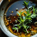 Tegame con olio caldo, foglie di alloro e rametto di rosmarino