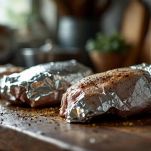 Petti d’anatra cotti messi da parte e coperti per mantenerli caldi