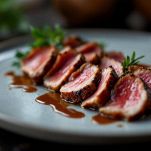 Fette di petto d’anatra servite con salsa versata sopra