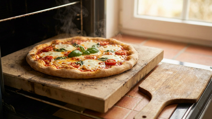 Primo piano di una pietra refrattaria per pizza, pronta all'uso. Superficie ruvida con tonalità calde e illuminazione naturale.