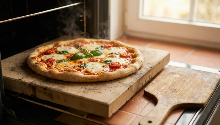 Primo piano di una pietra refrattaria per pizza, pronta all'uso. Superficie ruvida con tonalità calde e illuminazione naturale.