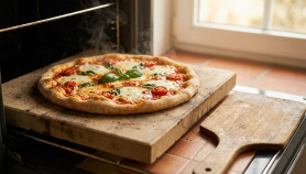 Primo piano di una pietra refrattaria per pizza, pronta all'uso. Superficie ruvida con tonalità calde e illuminazione naturale.