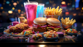 Snack confezionati e bevande zuccherate su un tavolo con etichette ingredienti in vista, simbolo di cibi ultra-processati e consumo abituale