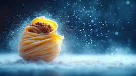 Mensa del villaggio olimpico con vassoi e porzioni pronte, tema gestione dei pasti e recupero del cibo non consumato contro lo spreco