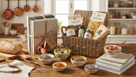 Cesto di regali a tema gastronomico o accessori da cucina