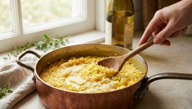 Primo piano di un risotto cremoso e mantecato alla perfezione, servito in una casseruola in stile naturale. Colori caldi e invitanti.