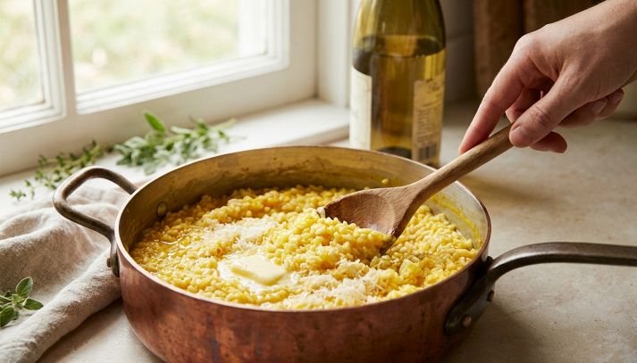 Primo piano di un risotto cremoso e mantecato alla perfezione, servito in una casseruola in stile naturale. Colori caldi e invitanti.